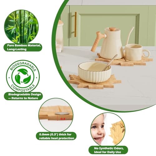 Erjiacun Bamboo Trivets for Hot Dishes, Pots & Pans - 6 Large Heat Resistant Pot Holders Trivet Set with Maple Leaf Design, Non-Slip for Kitchen Countertops & Dining Table - Thumbnail 3