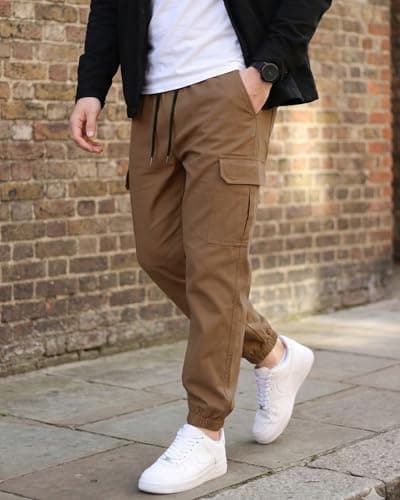 DISLANBO Mens Jogger Pants Casual Lightweight Cargo Pants Drawstring Elastic Waist Tapered Leg Pants with Pockets Coffee S - Thumbnail 2