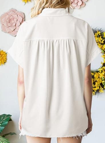 Dokotoo Womens Short Sleeve Shirts Collared Neck Basic Pleated Ladies Tops and Blouses Button Front Loose Fit Trendy Tops for Women Fashion Business Casual Outifits Going Out Tops White Shirts Small - Thumbnail 2