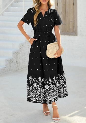 BTFBM Womens Summer Dresses 2026 Casual Short Sleeve Elastic Waist Flowy Beach Vacation Floral Boho Maxi Dress Pockets (Black White Flower, Small) - Thumbnail 4