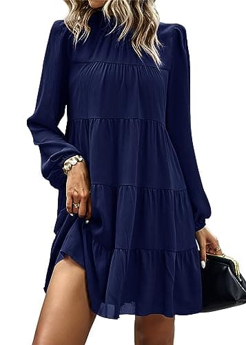 KIRUNDO Long Sleeve Baby Doll Dresses Women 2026 Casual Spring Summer Ruffle Mock Neck Tiered Mini Flowy Swing Shift Dress(Navy, Large) - Image 1