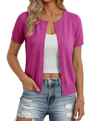 GRACE KARIN Womens Short Sleeve Cardigan Sweaters, Summer Vacation Cardigans, Button Casual Outfits Hot Pink M - Image 1