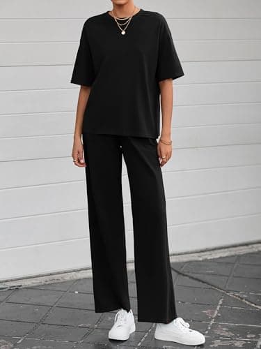 BTFBM Summer Outfits For Women 2026 Two Piece Sets Casual Short Sleeve Spring Tops Wide Leg Pants Matching Lounge Set(Black, XX-Large) - Thumbnail 3