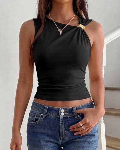 BTFBM Spring Tops for Women 2026 Asymmetrical Neck Sleeveless Going Out Summer Outfits Casual Ruched Y2k Tank Top Clothes(Black, Medium) - Thumbnail 5