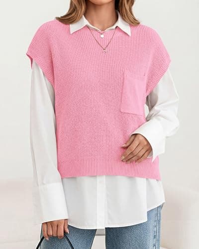 KIRUNDO Spring Summer Short Sleeve Sweater for Women 2026 Casual Sweater Vest Cotton Knit Pullover Tank Tops Fashion Clothing(Pink, Large) - Thumbnail 5
