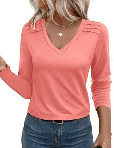 JUSTFASHIONNOW Pleated Long Sleeve Shirts for Women V Neck Dressy Casual Business Blouses Fall Tops 2025 Trendy(Coral,Medium) - Image 1