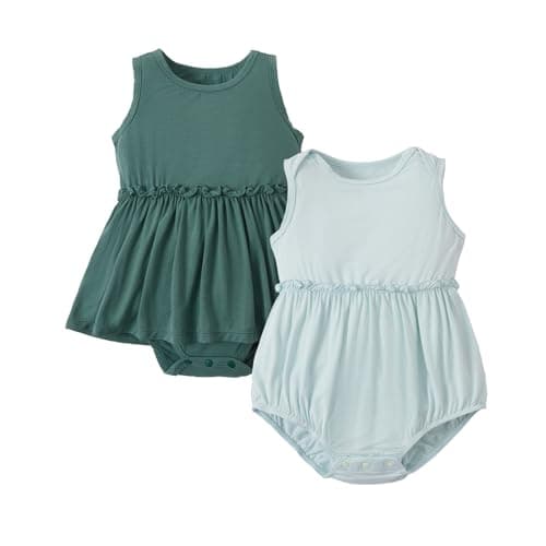 PATPAT Bamboo Baby Girl Clothes - Soft & Breathable Viscose Outfits - Sleeveles Bodysuit Dress for Spring Summer Gift - Cute Rompers Essentials - 2 Pack Forest & Sage Green 3-6 Months - Image 1