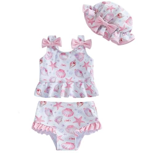 DivingBirds Toddler Girls Swimming Costume, Baby Girls Two-Piece Swimsuit with Hat Pink and White for 3-4 Years - Image 1