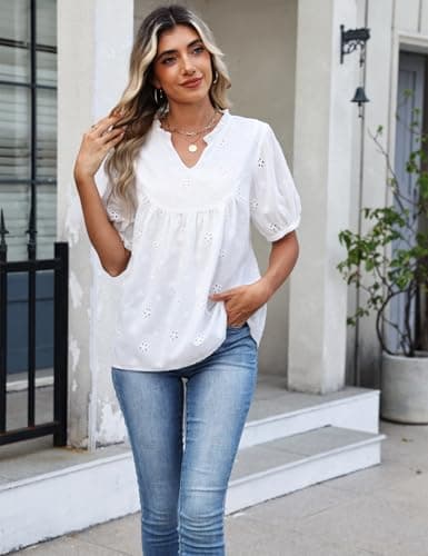 CiCiBird Women's Babydoll Top V Neck Puff Sleeve Eyelet Blouse Loose Fit Peplum Casual Dressy Shirts White S - Thumbnail 5