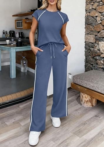 PRETTYGARDEN Women's 2 Piece Lounge Sets 2026 Summer Cap Sleeve Tops Wide Leg Pants Travel Outfits Matching Fashion Clothing (Dusty Blue,Large) - Thumbnail 2