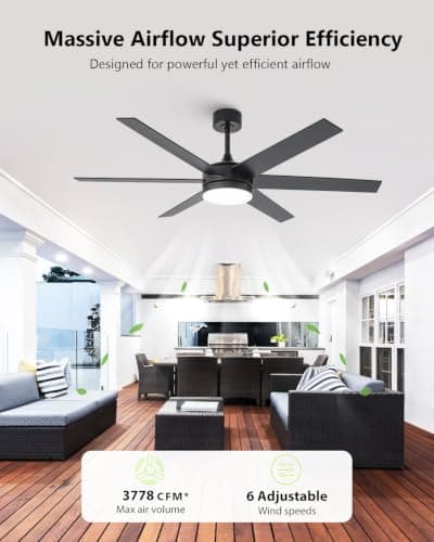 CalorHoga 60 Inch Large Ceiling Fan with Lights, Black Ceiling fans with Remote Control/APP for Indoor Living Room Garage Commercial, 3CCT Dimmable LED Modern Fan, 6 Speeds, Quiet Reversible DC Motor - Thumbnail 4