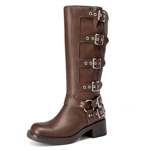 Athlefit Women's Knee High Riding Boots Fashion Buckle Square Toe Pull On Chunky Heel Wide Calf Biker Boots Tan Size 6 - Image 1