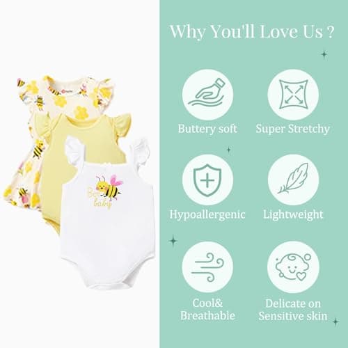 PATPAT Baby Girl Bodysuits 3 Pack – Organic Rayon Viscose for Bamboo Blend Infant Summer Rompers, Soft Breathable Outfits, Baby Clothing Essentials Registry Gift Newborn Infant Yellow-Bee 6-9 Months - Thumbnail 3