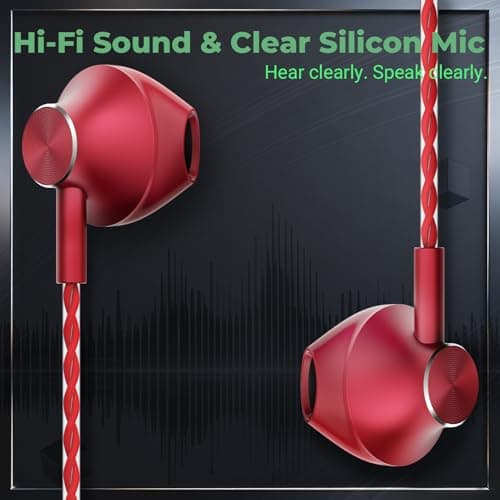 AzukiLife Red Wired Earbuds with Microphone, 3.5mm in-Ear Headphones for Laptop, Gaming & PS5, Volume Control, Clear Sound, Tangle-Free Cable, Earbuds with Case for Computer, PC & Android - Thumbnail 2