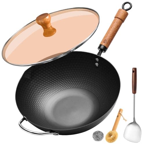 WANGYUANJI Carbon Steel Wok Pan, 12.6 Inch Flat Bottom Stir Fry Pan with Lid, Uncoated Heavy Duty Iron Wok for Induction and Gas Stoves - Image 1