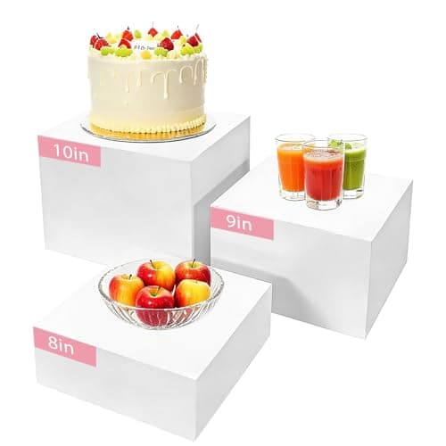 3Pcs Buffet Risers, Food Risers for Buffet Table, Display Stand Shelf for Party Catering Dessert Jewelry Collectibles , Different Size White Acrylic Cube Boxes Nesting Risers Food Display with Hollow Bottoms (3Pack square, 8''9''10'') - Image 1