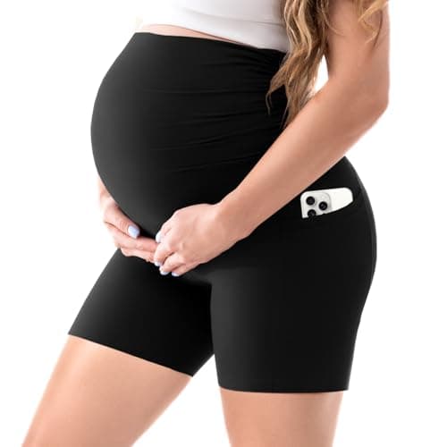 Walifrey Women's Maternity Shorts with Pockets Over The Belly,Pregnancy Yoga Pants Activewear Biker Shorts Casual Black XL - Image 1