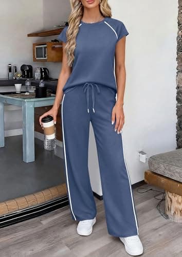PRETTYGARDEN Women's 2 Piece Lounge Sets 2026 Summer Cap Sleeve Tops Wide Leg Pants Travel Outfits Matching Fashion Clothing (Dusty Blue,Large) - Thumbnail 5
