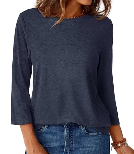 GKBK Womens Tops 3/4 Sleeve Shirts Round Neck Casual Blouses Basic Loose Fit Pullover Tshirts Navyblue L - Thumbnail 5