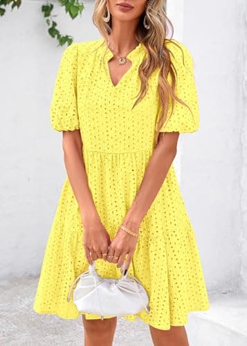 KIRUNDO Eyelet Summer Dresses for Women 2026 Mini Casual Hollow Out Short Sleeve Lace Tiered V Neck Shift Dress Pockets(Yellow, Large) - Thumbnail 3
