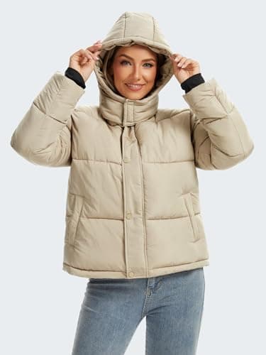 Funlingo Womens Cropped Puffer Jacket with Hood Winter Warm Zip Up Ladies Quilted Coat Fashion 2025 Puffy Outerwear with Pockets Khaki XL - Thumbnail 5