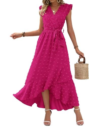 BTFBM Boho Dresses for Women 2026 Summer Fashion Cap Sleeve Swiss Dot Flowy Ruffle Beach Wedding Cocktail Maxi Dress(Rose Red, X-Large) - Image 1