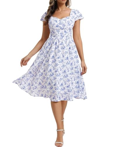 Belle Poque Women's Sweatheart Neck Ruffle Cap Sleeve Floral Dress 2026 Summer Midi Elegant Cocktail Party Dress Medium - Image 1