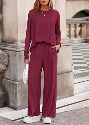 KIRUNDO Spring 2 Piece Lounge Sets for Women Long Sleeve Ribbed Knit Tops Wide Leg Pants Matching Travel Outfits Postpartum(Wine Red, Large) - Thumbnail 6