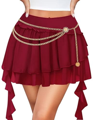 Avidlove Women's Pleated Mini Skirt Mesh Layered Ruffled Skirt Casual Ruffles Flowy Hem Wine Red Large - Image 1