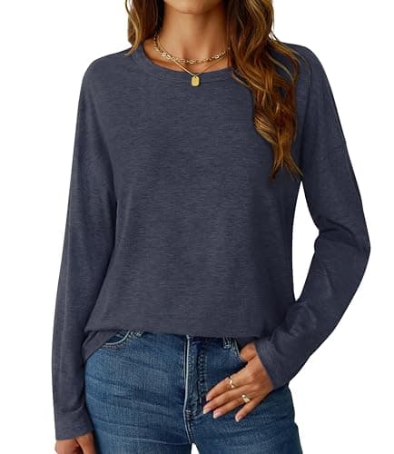 GKBK Long Sleeve Shirts for Women Crew Neck Basic Tops Casual Loose Fitted Fall Clothes 2025 Navyblue L - Image 1