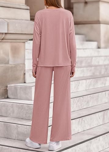 KIRUNDO Spring 2 Piece Lounge Sets for Women Long Sleeve Ribbed Knit Tops Wide Leg Pants Matching Travel Outfits Postpartum(Pink, Medium) - Thumbnail 2