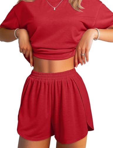 JUSTFASHIONNOW Womens Split Short Pajama Sets Summer 2 Piece Short Sets Cute Bamboo Pj Set Comfy Lounge Sets Soft Pjs Sleepwear(Red,Large)