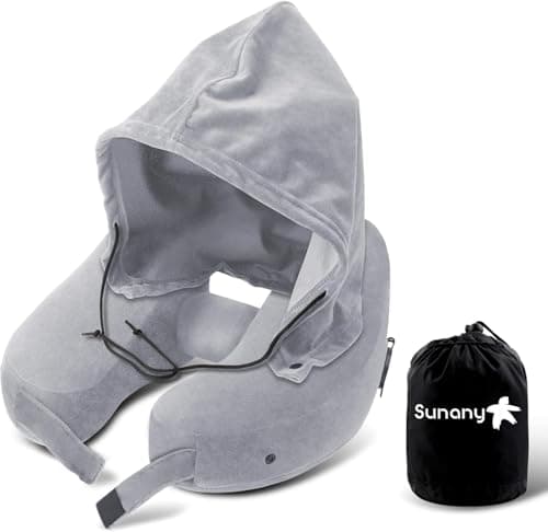 Sunany Neck Pillow for Travel Inflatable Airplane Pillow Comfortably Supports Head,Neck and Chin,Inflatable Travel Pillow with Soft Velour Cover,Hat,Portable Drawstring Bag (Grey) - Image 1