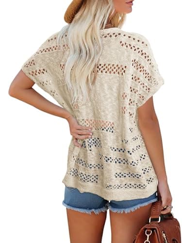 KISSMODA Netted Crochet Cardigan V-Neck Cool-Touch Boho Apricot Vacation Outdoor Date Outfit for Ladies M - Thumbnail 6