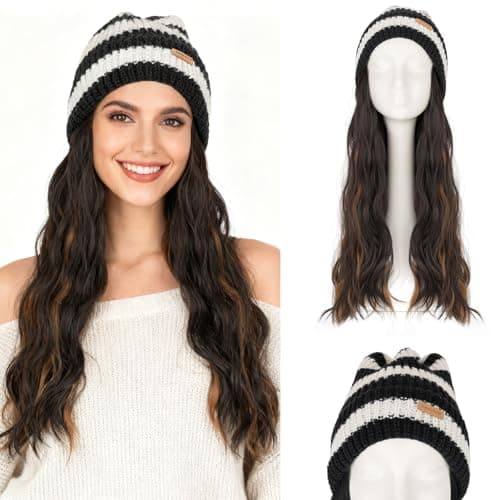 Benehair Beanie Wig for Women with Hair Attached 18'' Long Wavy Synthetic Hair Extensions Knitted Hat Keep Warm in Winter Christmas Gifts Medium Brown&Bleach Blonde - Image 1
