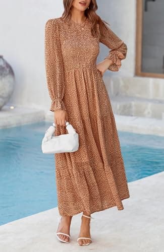 BTFBM Women Casual Long Sleeve Crew Neck Fall Dress Bohemian Relaxed Fit Floral Flowy Maxi Dresses Tiered Cocktail Dress(Floral Brown,Small) - Thumbnail 5