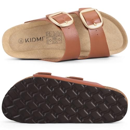 KIDMI Women's Cork Footbed Slide Sandals Comfortable Arch Support Outdoor Sandal with Big Adjustable Buckle for Summer Brown Size 6.5-7 (37) - Thumbnail 4