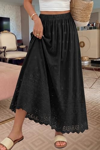 dowerme Women Summer Maxi Skirt Cute Elastic High Waist Boho Eyelet A-Line Cotton Flwoy Long Skirts Spring Clothes 2026(Black,X-Large) - Thumbnail 3