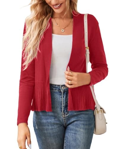 GRACE KARIN Women's Lightweight Draped Open Front Cropped Cardigan Long Sleeve Sweaters Peplum Knit Tops Red M - Image 1