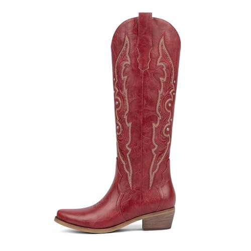 QIY Red Cowboy Cowgirl Boots for Women Knee High Cowgirl Rhinestone Sparkly Western Embroidered Tall Cowboy Boots Womens with Chunky Low Heel Pointed Almond Toe Side Zipper Red Size 10 - Image 1