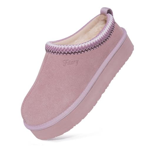 FITORY Women's Suede Slipper | Flat Short Mini Boots with Fur Fleece | Winter Casual Comfort Shoes Purple Platform Size 6 - Image 1