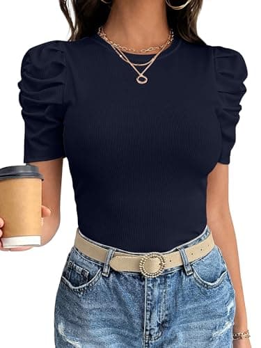 ANRABESS Women Puff Short Sleeve Crewneck Dressy Casual Tops Summer Fitted Ribbed Knit Trendy Work Shirts 2026 Spring Clothes Navy Blue XX-Large - Image 1