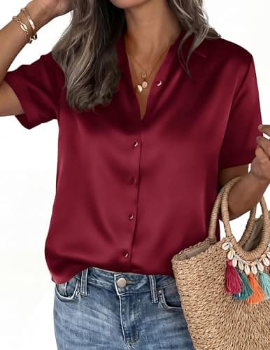 PRETTYGARDEN Womens 2026 Summer Button Down Shirts Short Sleeve Work Tops Dressy Satin Blouses Spring Business Casual Outfits (Burgundy,XX-Large) - Thumbnail 3