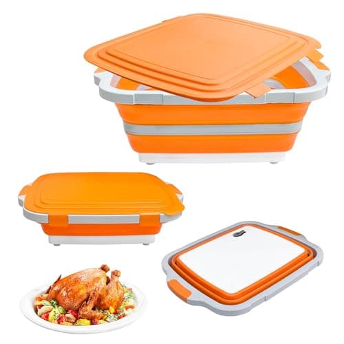 Collapsible BBQ Prep Tub with Cutting Board & Lid, Folding Food Container BPA-Free Heavy-Duty, Dishwasher Safe, Upgraded Drain Hole - for Camping, Grilling Outdoor Cooking (Orange, X-Large) - Image 1