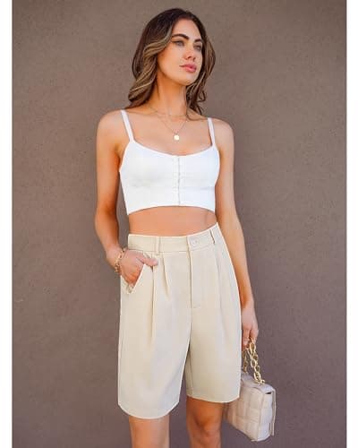 Luvamia Flowy Women's Plus Size High Waisted Shorts - Beige, Trendy with Pockets, Size XXL (20/22) - Thumbnail 5