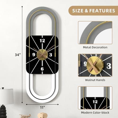 XGGJWW 34x11 Inch Large Modern Wall Clock – Silent Non-Ticking Decorative Battery Operated Clock for Living Room, Bedroom, Kitchen, Office - Thumbnail 2