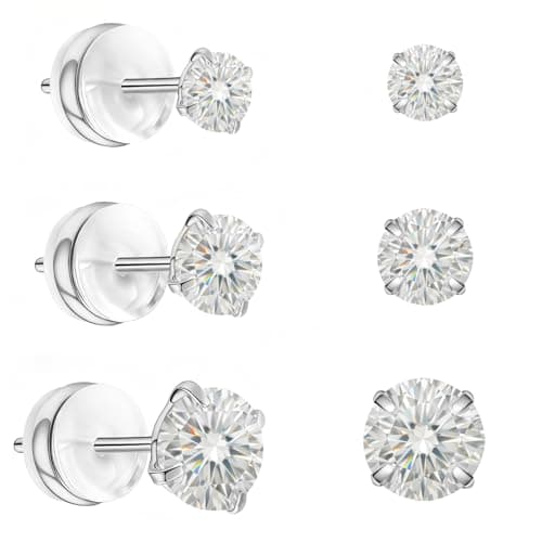 3 Pairs Moissanite Stud Earrings in White Gold Plated Titanium | HypoAllergenic Earrings for Women & Men (Silver 3/4/5mm) - Image 1