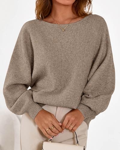 KIRUNDO Oversized Sweaters for Women Cozy Fall Fashion Boat Neck Batwing Sleeve Knit Pullover Sweater Tops Winter Clothes(Caramel, Medium) - Thumbnail 5