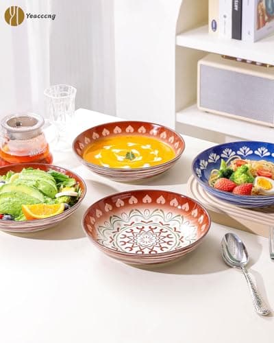 Yeacccng Pasta Bowls Set of 6, 35 Oz Ceramic Large Salad Bowl, 8.5 Inch Colorful Serving Bowls for Kitchen, Dishwasher & Microwave Safe, Scratch-Resistant, Lead-Free (Brown*3 + Blue*3) - Thumbnail 6