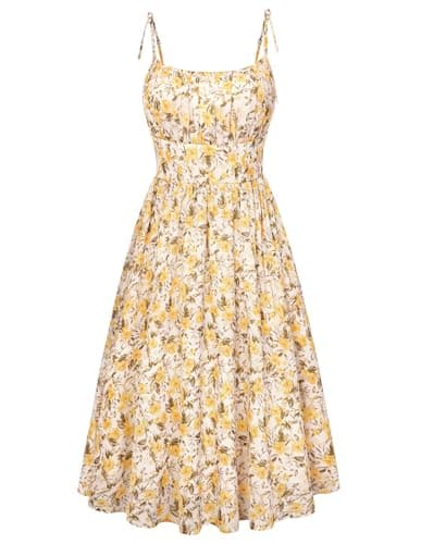 Belle Poque Yellow Floral Dress for Women Spaghetti Strap Midi Sundress 2026 Summer Spring A line Casual Cute Dresses M - Image 1